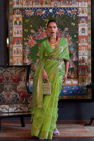 Pista Two Tone Handloom Weaving Organza Saree_Kumari Sarees