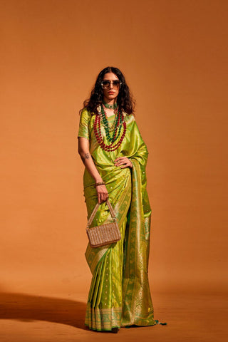 Pista Green Satin Handloom Woven Saree_Kumari Sarees