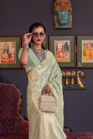Pista Pure Katan Handloom Weaving Silk Saree_Kumari Sarees