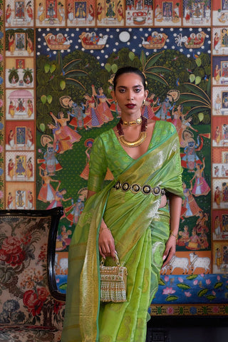 Pista Two Tone Handloom Weaving Organza Saree_Kumari Sarees