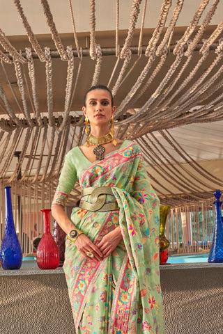 Pista Kashmiri Modal Handloom Weaving Saree_Kumari Sarees