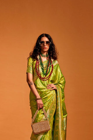 Pista Green Satin Handloom Woven Saree_Kumari Sarees