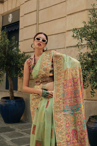 Pista Kashmiri Modal Handloom Weaving Saree_Kumari Sarees