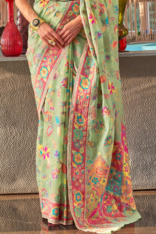 Pista Kashmiri Modal Handloom Weaving Saree_Kumari Sarees