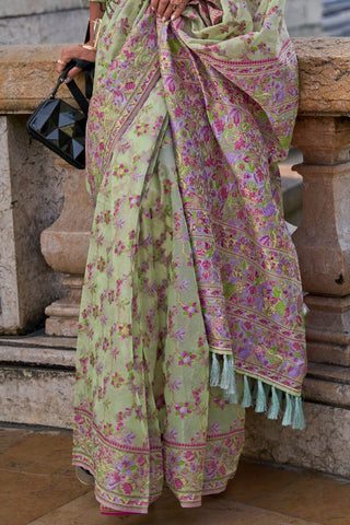 Pista Organza Parsi Handloom Weaving Saree_Kumari Sarees