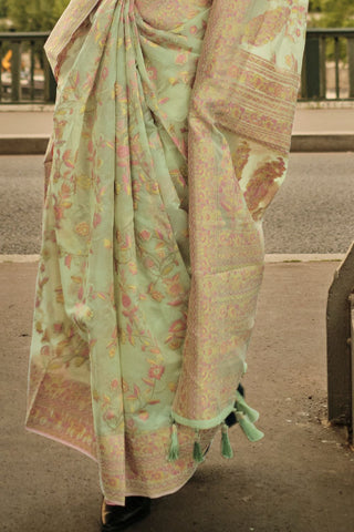 Pista Kashmiri Organza Handloom Weaving Saree_Kumari Sarees