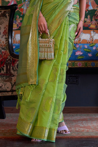 Pista Two Tone Handloom Weaving Organza Saree_Kumari Sarees
