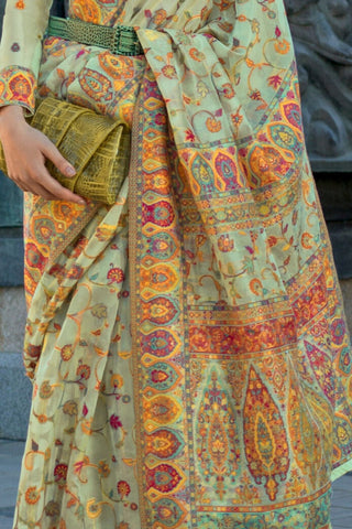 Pista Organza Kashmiri Handloom Weaving Saree_Kumari Sarees