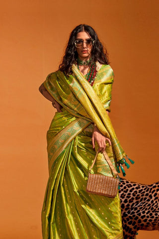 Pista Green Satin Handloom Woven Saree_Kumari Sarees