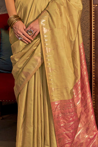 Pista Tussar Handloom Weaving Silk Saree