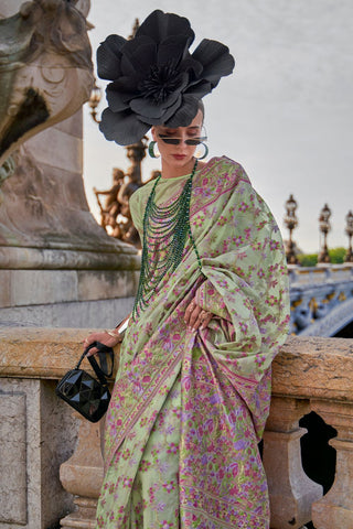 Pista Organza Parsi Handloom Weaving Saree_Kumari Sarees