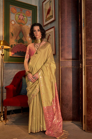 Pista Tussar Handloom Weaving Silk Saree