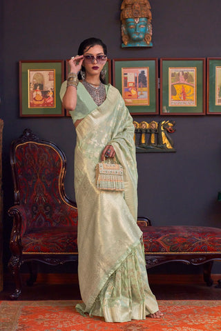 Pista Pure Katan Handloom Weaving Silk Saree_Kumari Sarees