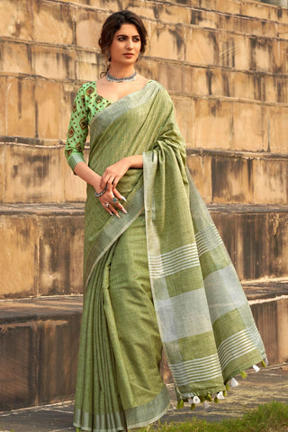 Pista Soft Linen Silk Saree_Kumari Sarees