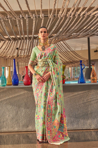 Pista Kashmiri Modal Handloom Weaving Saree_Kumari Sarees
