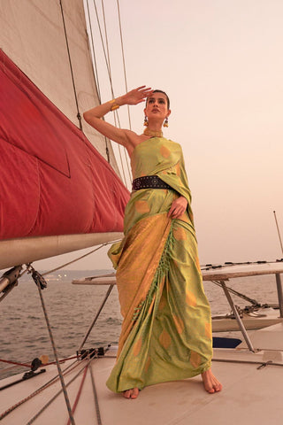 Pista Satin Pastel Two Tone Handloom Weaving Saree_Kumari Sarees