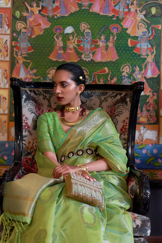 Pista Two Tone Handloom Weaving Organza Saree_Kumari Sarees