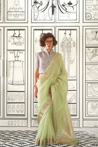 Pista Moss Chiffon Handloom Weaving Saree_Kumari Sarees