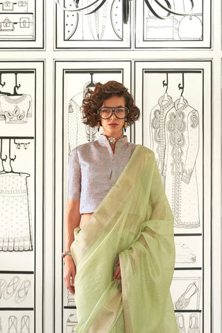 Pista Moss Chiffon Handloom Weaving Saree_Kumari sarees