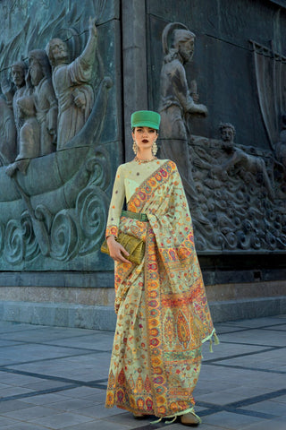 Pista Organza Kashmiri Handloom Weaving Saree_Kumari Sarees