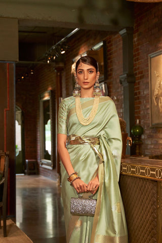 PISTA GREEN PINK ZARI BASE HANDLOOM WEAVING SILK SAREE