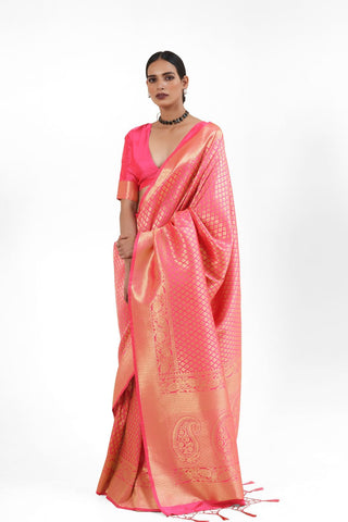 PASTEL RED KANJEEVARAM HANDLOOM SILK SAREE