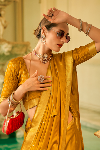 Mustard Pure Satin Handwoven With Zari Weaving Saree_Kumari Sarees
