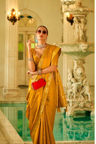 Mustard Pure Satin Handwoven With Zari Weaving Saree_Kumari Sarees