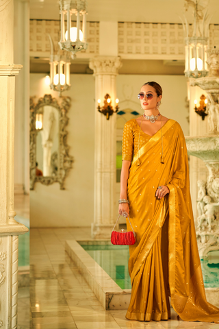 Mustard Pure Satin Handwoven With Zari Weaving Saree_Kumari Sarees