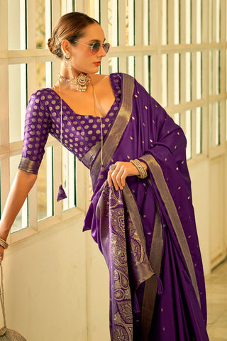 Purple Pure Satin Handwoven With Zari Weaving Saree_Kumari Sarees