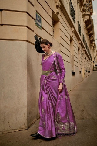 Purple Pure Satin Zari Lining Handloom Weaving Saree_Kumari Sarees