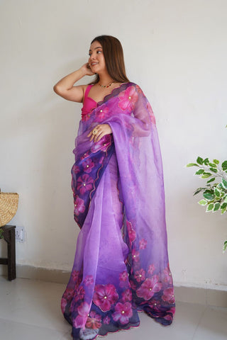 Purple Organza Handwork Digital Print Saree_Kumari Sarees