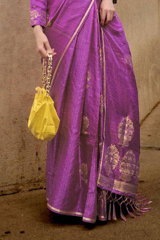 Purple Pure Satin Zari Lining Handloom Weaving Saree_Kumari Sarees