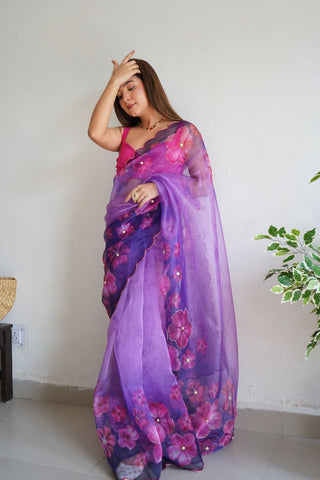 Purple Organza Handwork Digital Print Saree_Kumari Sarees