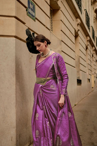 Purple Pure Satin Zari Lining Handloom Weaving Saree_Kumari Sarees