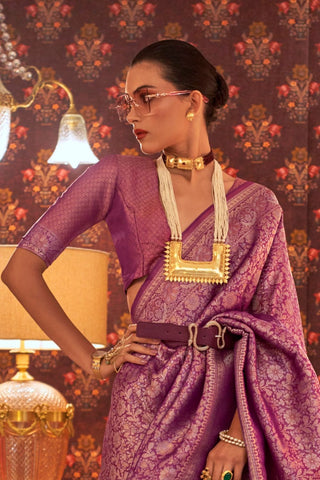 Purple Nylon Two Tone Zari Handloom Weaving Silk Saree_Kumari Sarees