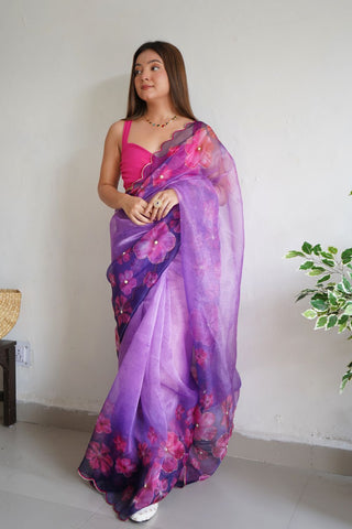 Purple Organza Handwork Digital Print Saree_Kumari Sarees
