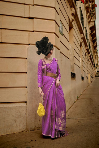 Purple Pure Satin Zari Lining Handloom Weaving Saree_Kumari Sarees