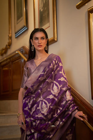 Purple Two - Tone Handloom  Organza Weaving Saree_Kumari Sarees