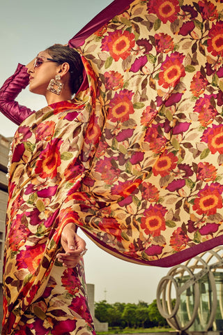 Red Printed Satin Crepe Saree_Kumari Sarees