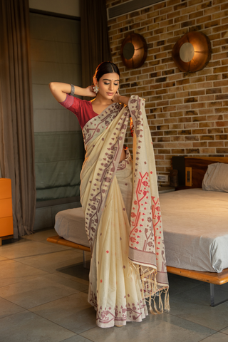 Red Soft Cotton Jamdani Saree_Kumari Sarees