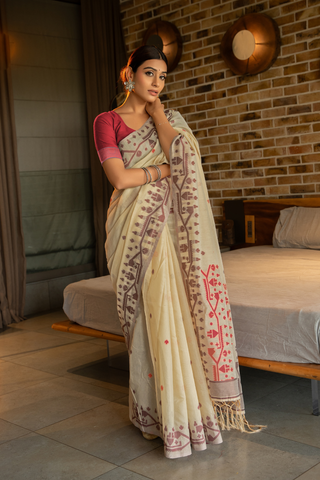 Red Soft Cotton Jamdani Saree_Kumari Sarees