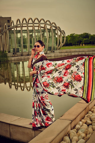 Red And White Floral Printed Satin Crepe Saree_Kumari Sarees