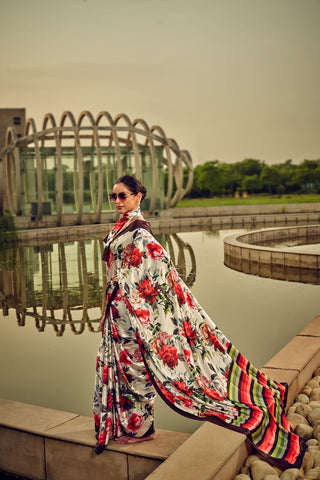 Red And White Floral Printed Satin Crepe Saree_Kumari Sarees