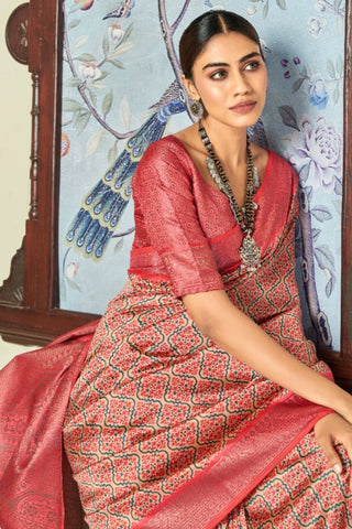 Red Satin Silk With Zari Weaving Border Saree_Kumari Sarees
