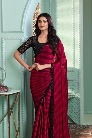 Red & Black Satin Silk Saree_Kumari Sarees