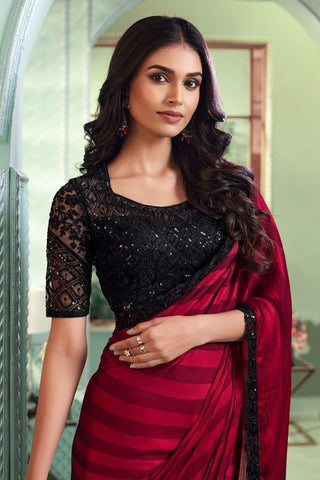 Red & Black Satin Silk Saree_Kumari Sarees