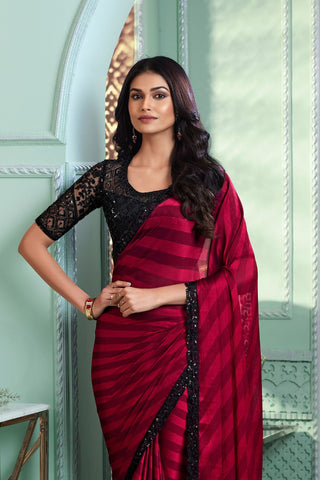 Red & Black Satin Silk Saree_Kumari Sarees