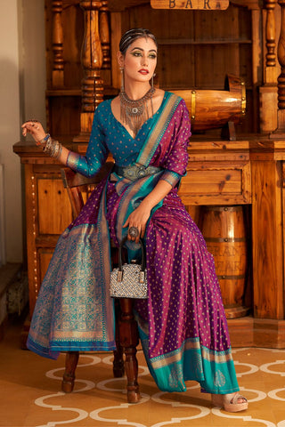 Blue & Purple Soft Banarasi Paithani Saree_Kumari Sarees