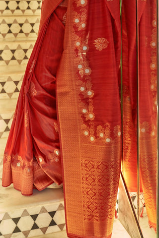 RED TUSSAR SILK COPPER ZARI WEAVING SAREE